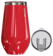 Red tumbler with silver lid on a white background