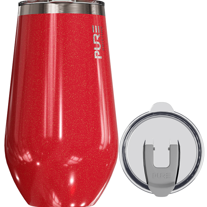 Red tumbler with silver lid on a white background