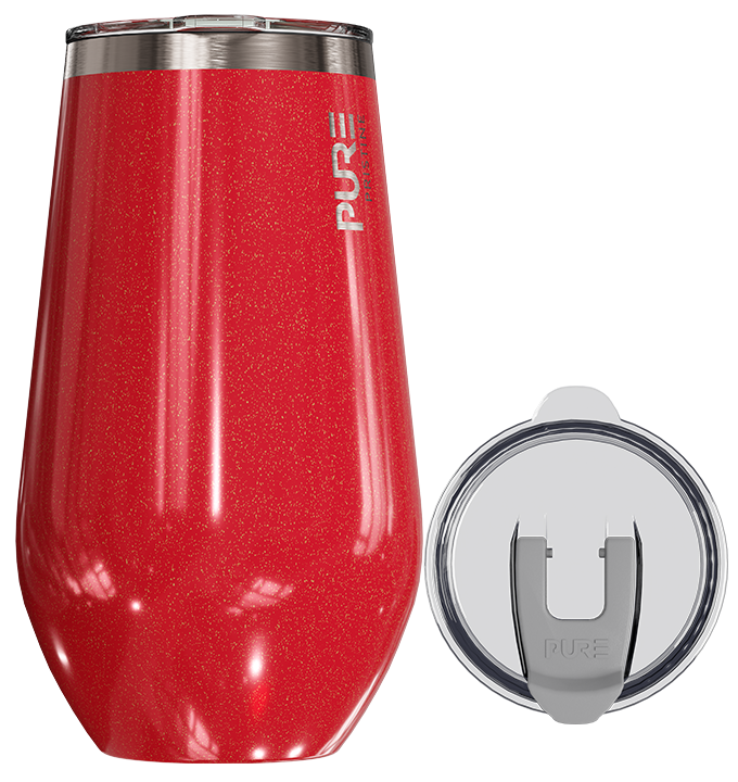 Red tumbler with silver lid on a white background