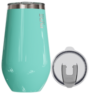 Turquoise tumbler with silver lid on a white background