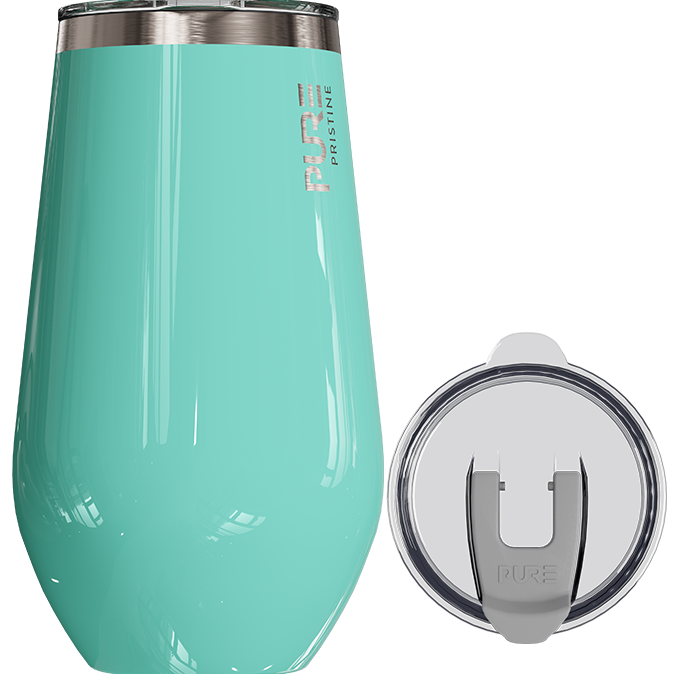 Turquoise tumbler with silver lid on a white background