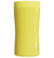 A yellow 12oz antimicrobial stainless steel can cooler designed to fit multiple sized cans and bottles.