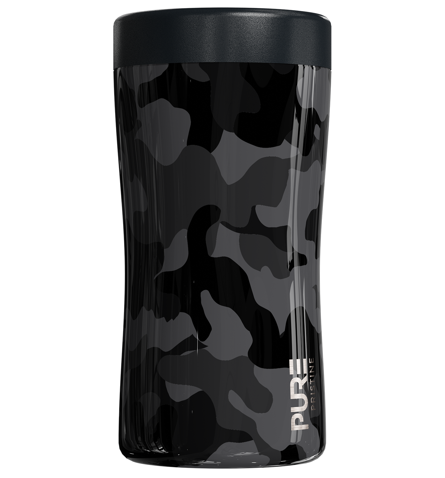 Insulated can cooler, holds 4 different size beverage cans and bottles in black camo print with PURE logo