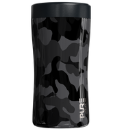 Insulated can cooler, holds 4 different size beverage cans and bottles in black camo print with PURE logo
