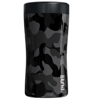 Insulated can cooler, holds 4 different size beverage cans and bottles in black camo print with PURE logo