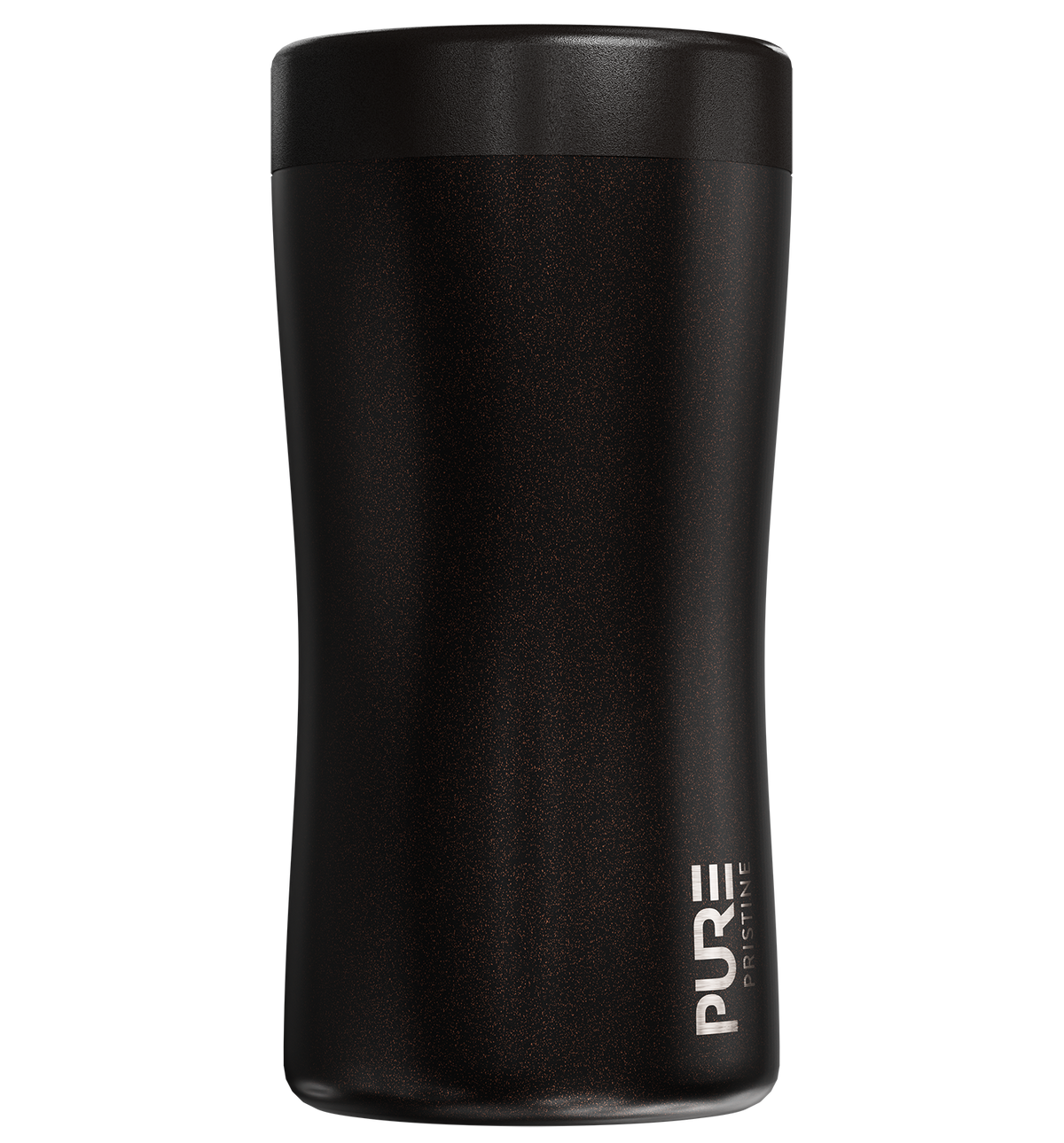 A black 12oz antimicrobial stainless steel koozie designed to fit multiple sized cans and bottles, featuring a textured pattern and the brand name 'PURE' on the side.