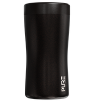 A black 12oz antimicrobial stainless steel koozie designed to fit multiple sized cans and bottles, featuring a textured pattern and the brand name 'PURE' on the side.
