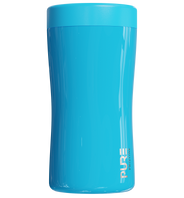 A blue 12oz antimicrobial stainless steel beverage holder designed to fit multiple sized cans and bottles, featuring the brand name PURE.