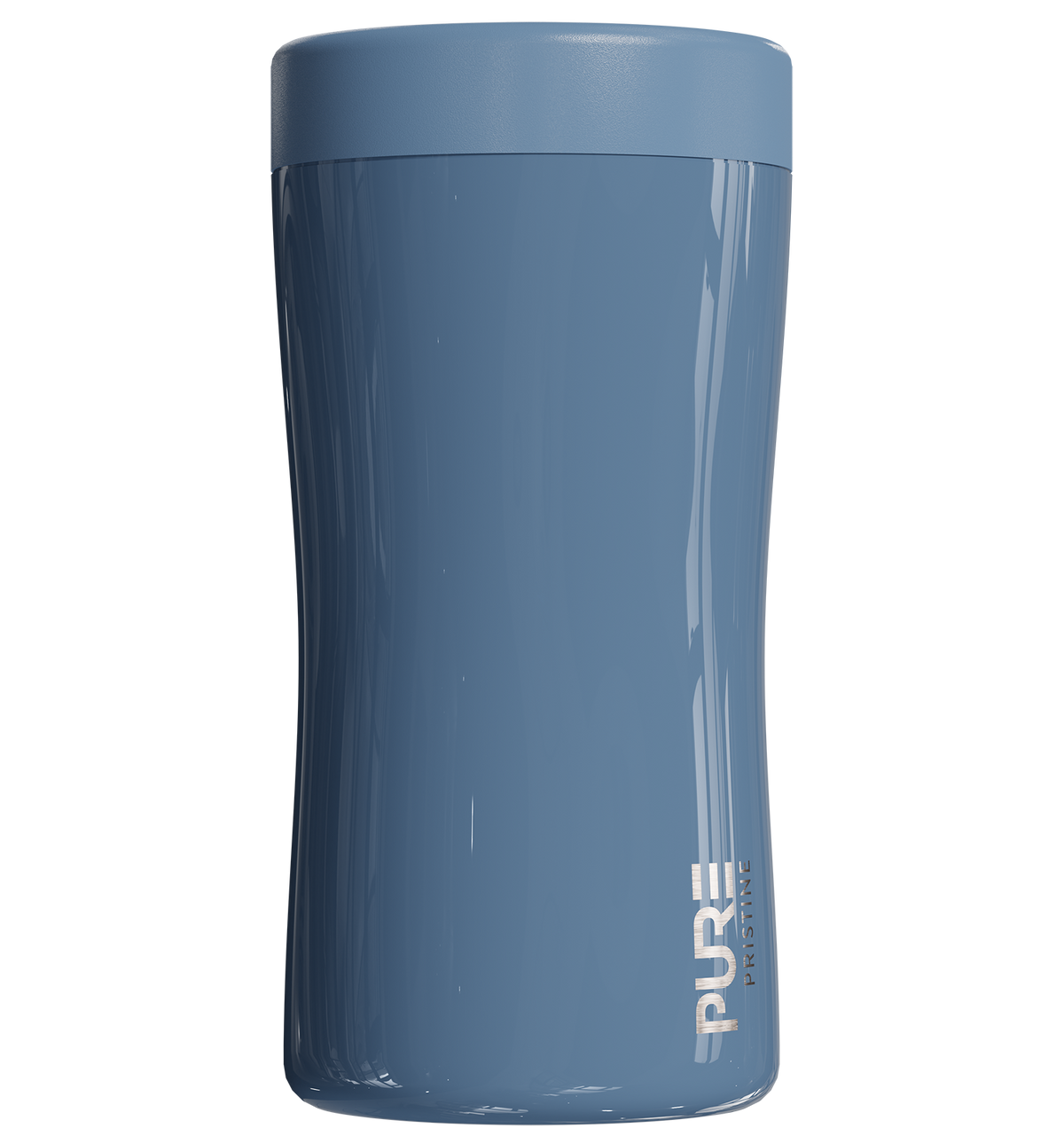 A denim blue 12oz antimicrobial stainless steel beverage holder designed to fit multiple sized cans and bottles, featuring the brand name PURE on the side.