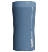 A denim blue 12oz antimicrobial stainless steel beverage holder designed to fit multiple sized cans and bottles, featuring the brand name PURE on the side.