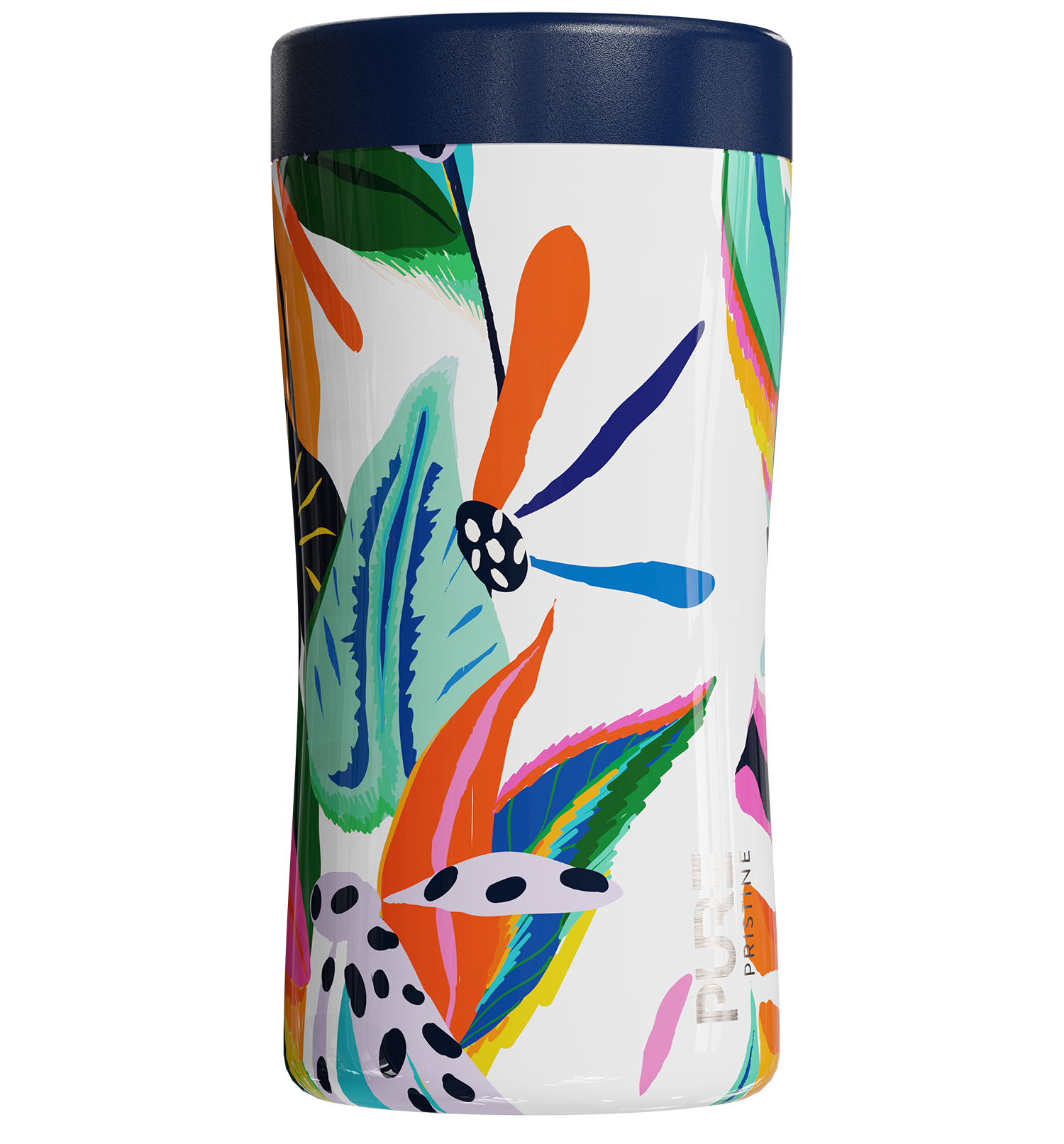 A stainless steel insulated can cooler with a colorful floral reef pattern.