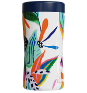 A stainless steel insulated can cooler with a colorful floral reef pattern.