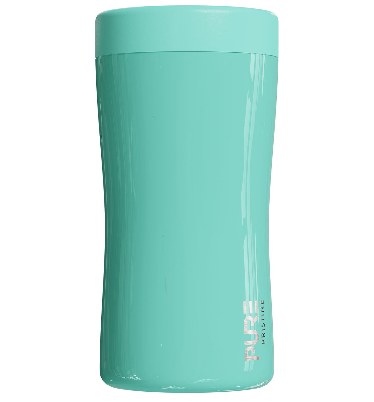 A 12oz antimicrobial stainless steel koozie in sea foam green color and the brand 'PURE' visible on the front.