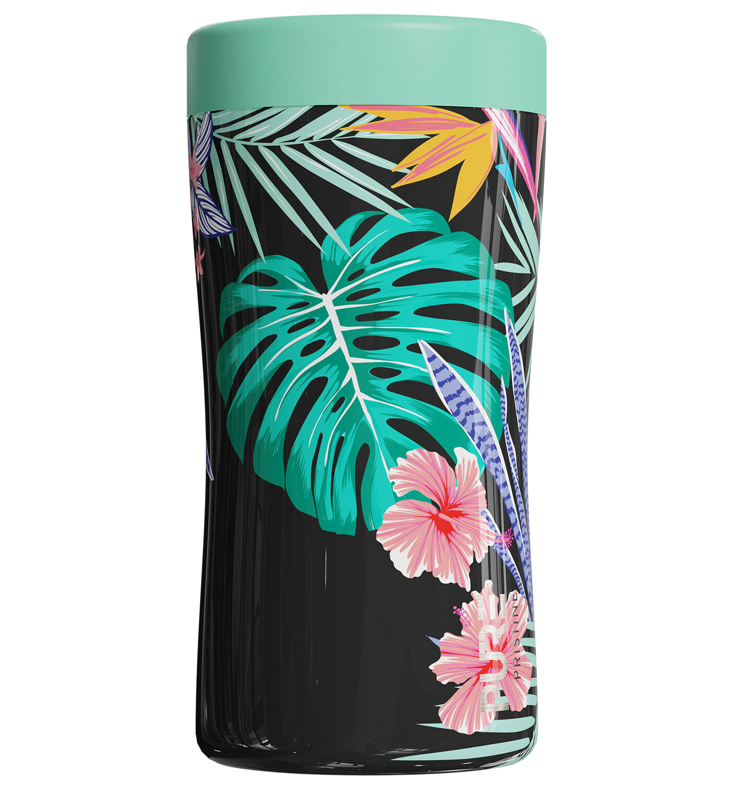 A stainless steel beverage holder with a wild utopia design featuring a palm tree and flower pattern.