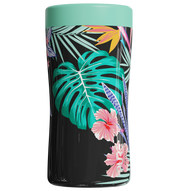 A stainless steel beverage holder with a wild utopia design featuring a palm tree and flower pattern.