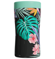 A stainless steel beverage holder with a wild utopia design featuring a palm tree and flower pattern.