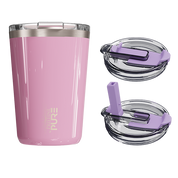 A 14oz antimicrobial pink-colored tumbler with a twist-on lid and a silicone straw, displayed alongside its components.
