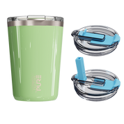 A 14oz antimicrobial green-colored tumbler with a twist-on lid and a silicone straw, displayed alongside its components.