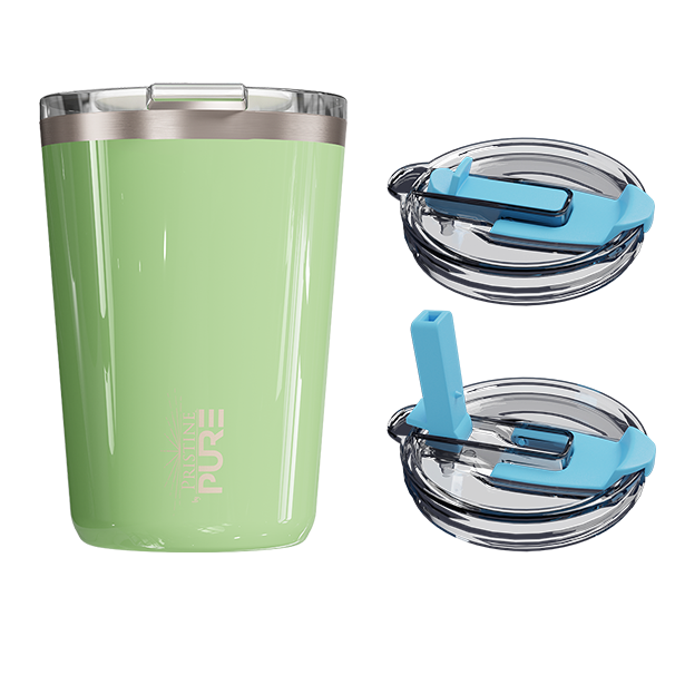 A 14oz antimicrobial green-colored tumbler with a twist-on lid and a silicone straw, displayed alongside its components.