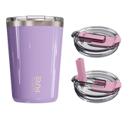 A 14oz antimicrobial wisteria-colored tumbler with a twist-on lid and a silicone straw, displayed alongside its components.
