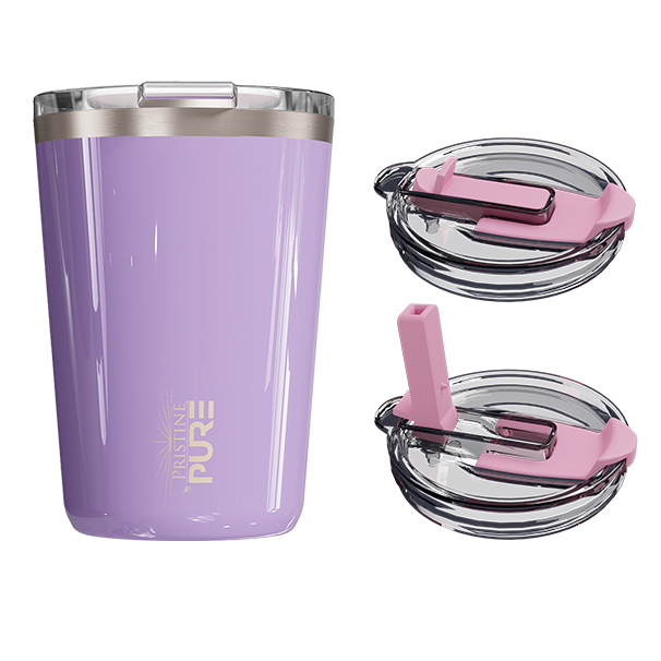 A 14oz antimicrobial wisteria-colored tumbler with a twist-on lid and a silicone straw, displayed alongside its components.