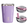 A 14oz antimicrobial wisteria-colored tumbler with a twist-on lid and a silicone straw, displayed alongside its components.